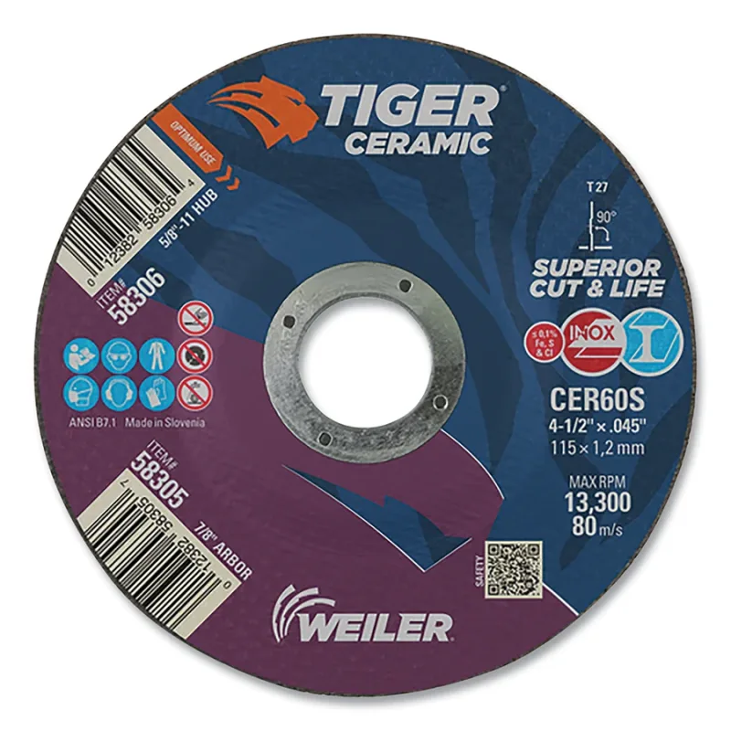 Tiger™ Ceramic Cutting Wheel, Type 27, 4.5 in dia, 0.045 in Thick, 7/8 in Arbor, 60 Grit