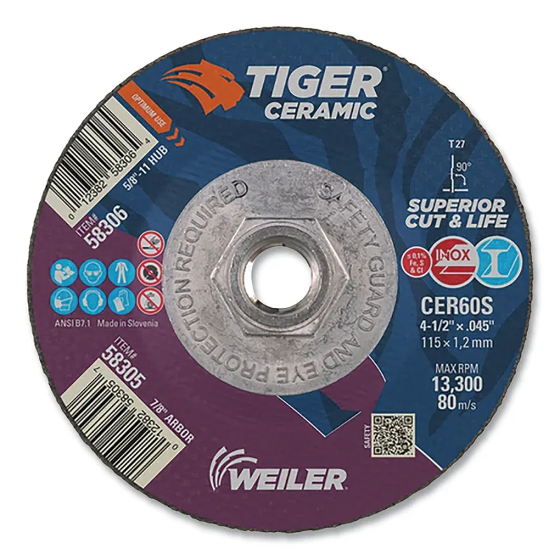 Tiger™ Ceramic Cutting Wheel, 4.5 in Diameter., 0.045 in Thick, 60 Grit, Ceramic Alumina