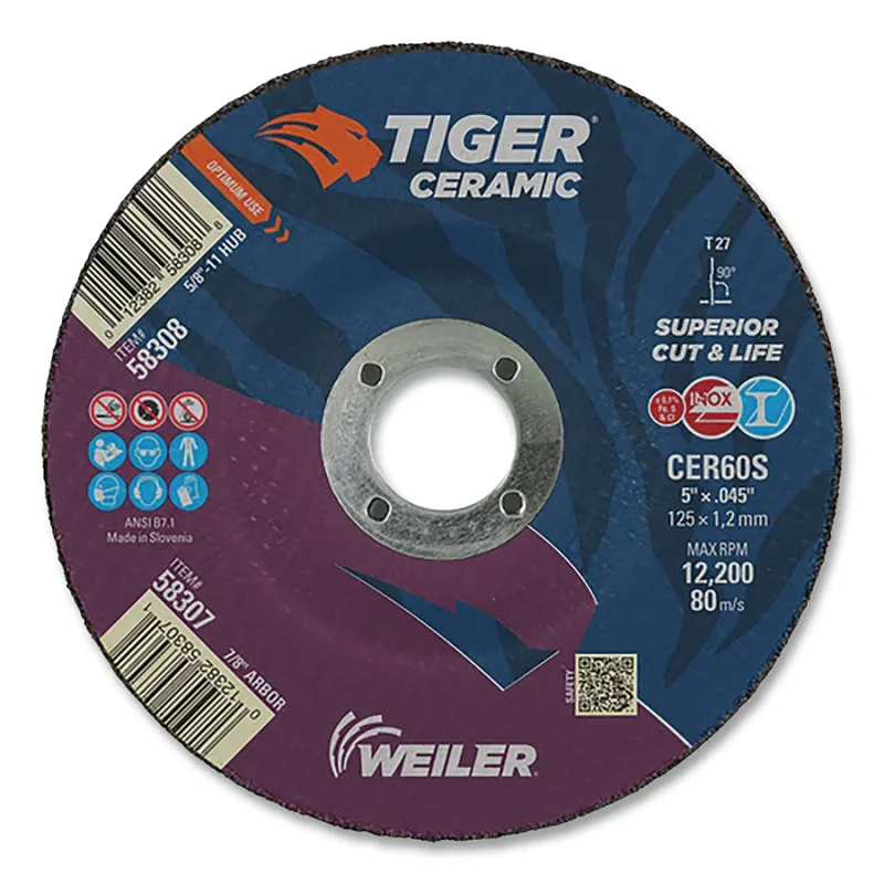 Tiger™ Ceramic Cutting Wheel, Type 27, 5 in Diameter., 0.045 in Thick, 7/8 in Arbor