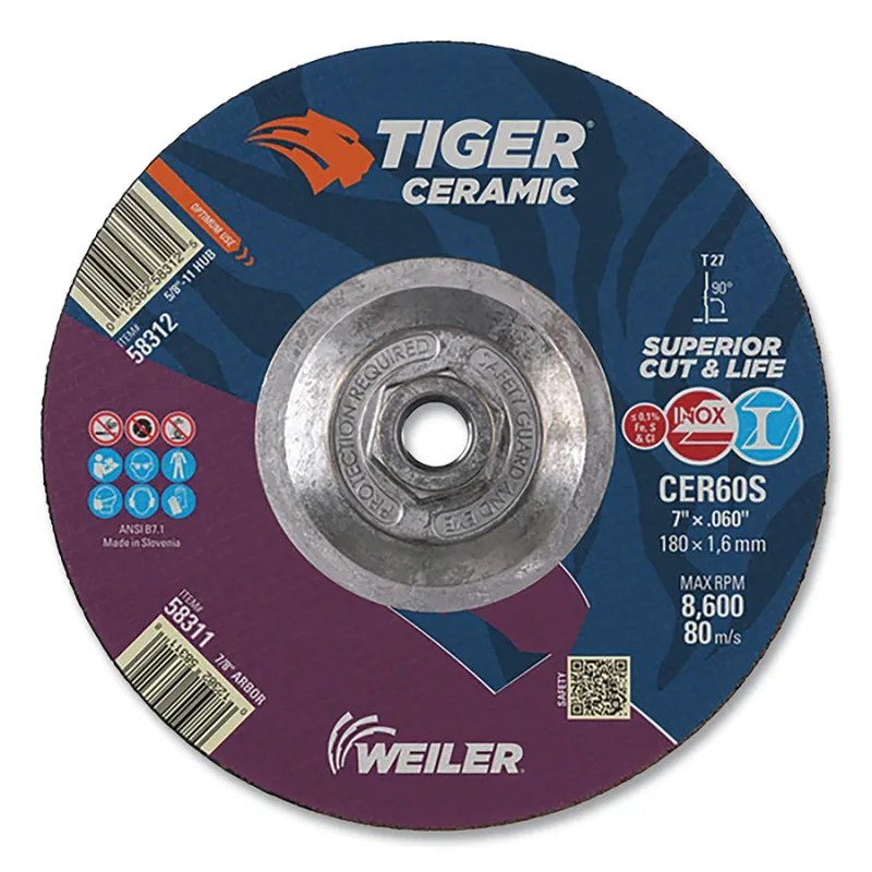 Tiger Ceramic Cutting Wheels, 7 in Dia., 0.06 in Thick, 60 Grit, Ceramic Alumina