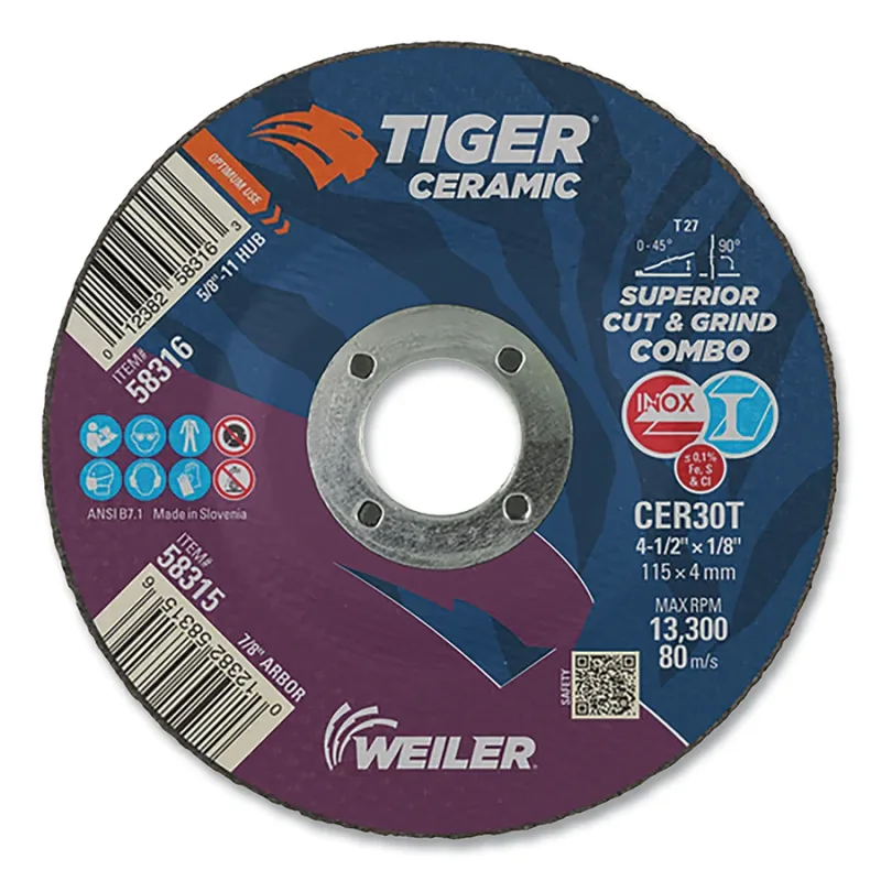 Tiger Ceramic Combo Wheels, 4.5 in Dia, 1/8 in Thick, 7/8 in Arbor, 24/bx