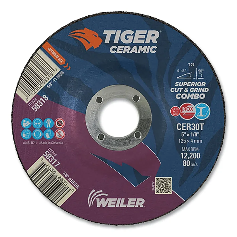 Tiger Ceramic Combo Wheels, 5 in Dia., 1/8 in Thick, 7/8 in Arbor, 30 Grit