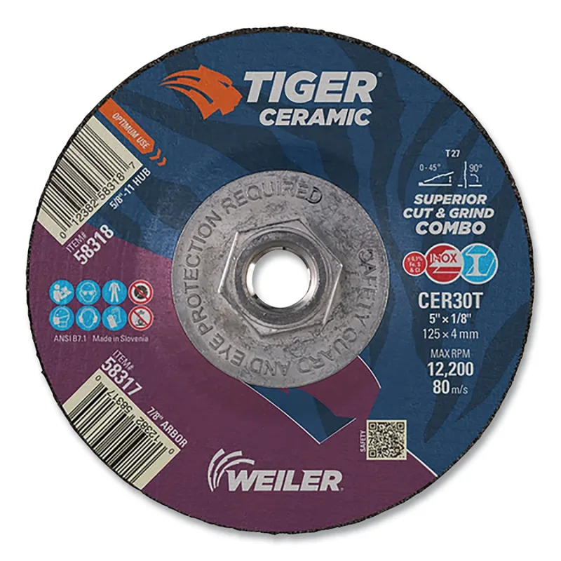 Tiger Ceramic Combo Wheels, 5 in Dia., 1/8 in Thick, 30 Grit, Ceramic Alumina