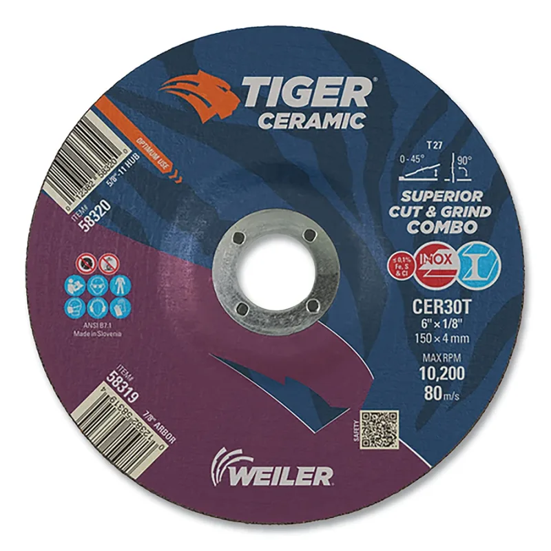 Tiger Ceramic Combo Wheels, 6 in Dia., 1/8 in Thick, 7/8 in Arbor, 30 Grit