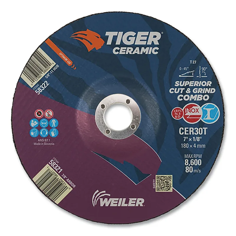 Tiger Ceramic Combo Wheels, 7 in Dia., 1/8 in Thick, 7/8 in Arbor, 30 Grit