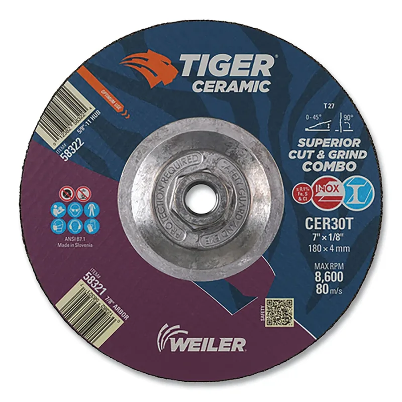 Tiger Ceramic Combo Wheels, 7 in Dia., 1/8 in Thick, 30 Grit, Ceramic Alumina