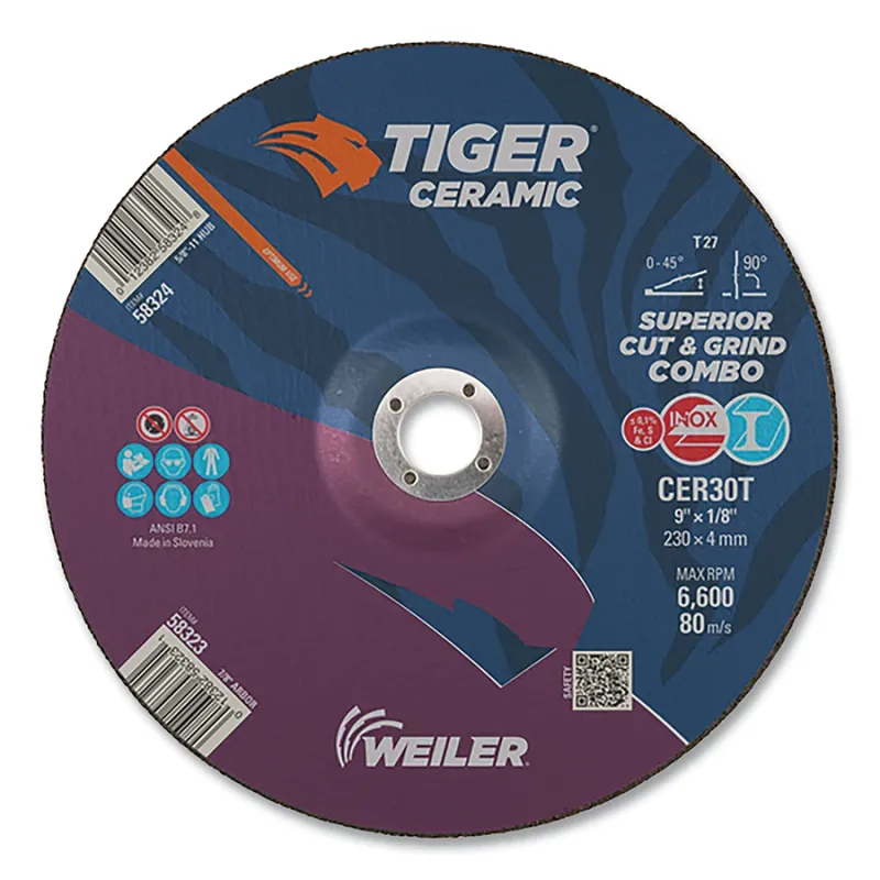 Tiger Ceramic Cut/Grind Combo Wheel, T27, 9 in x 1/8 in x 7/8 in, 30 Grit