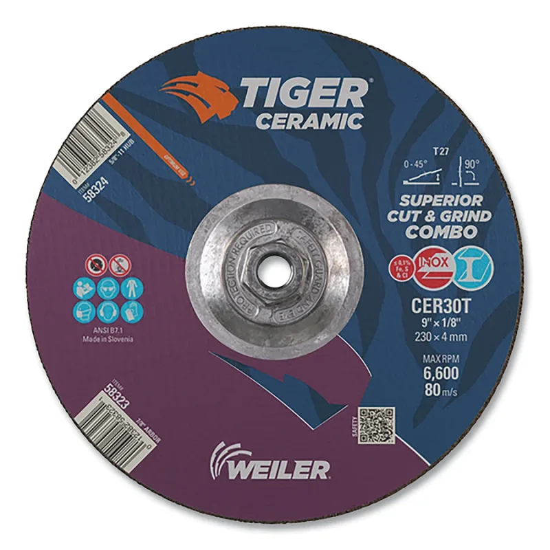 9 in x 1/8 in TIGER CERAMIC Type 27 Cut/Grind Combo Wheel CER30T 5/8-11 Nut