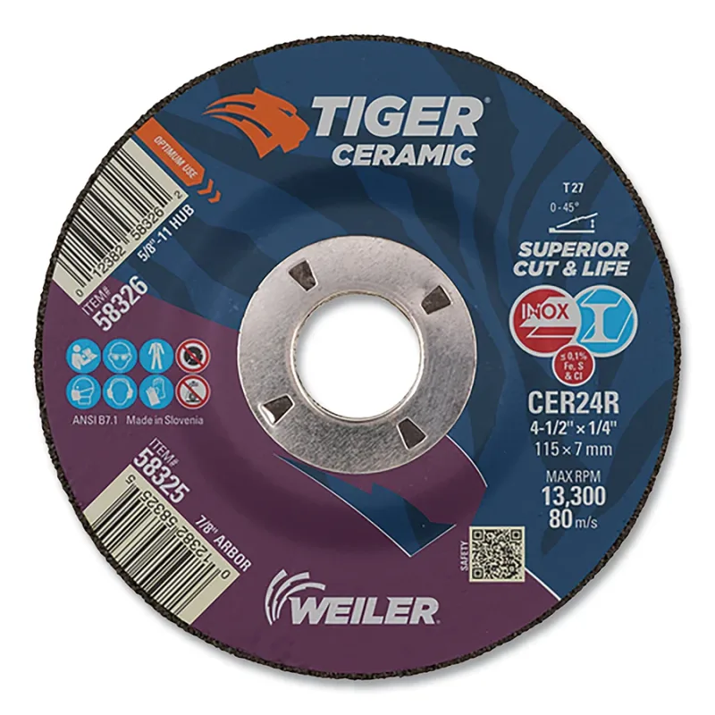 Tiger® Grinding Wheel, 4-1/2 in dia x 1/4 in Thick x 7/8 in Arbor, 24 Grit, Ceramic Alumina, Type 27, 10 EA/BX