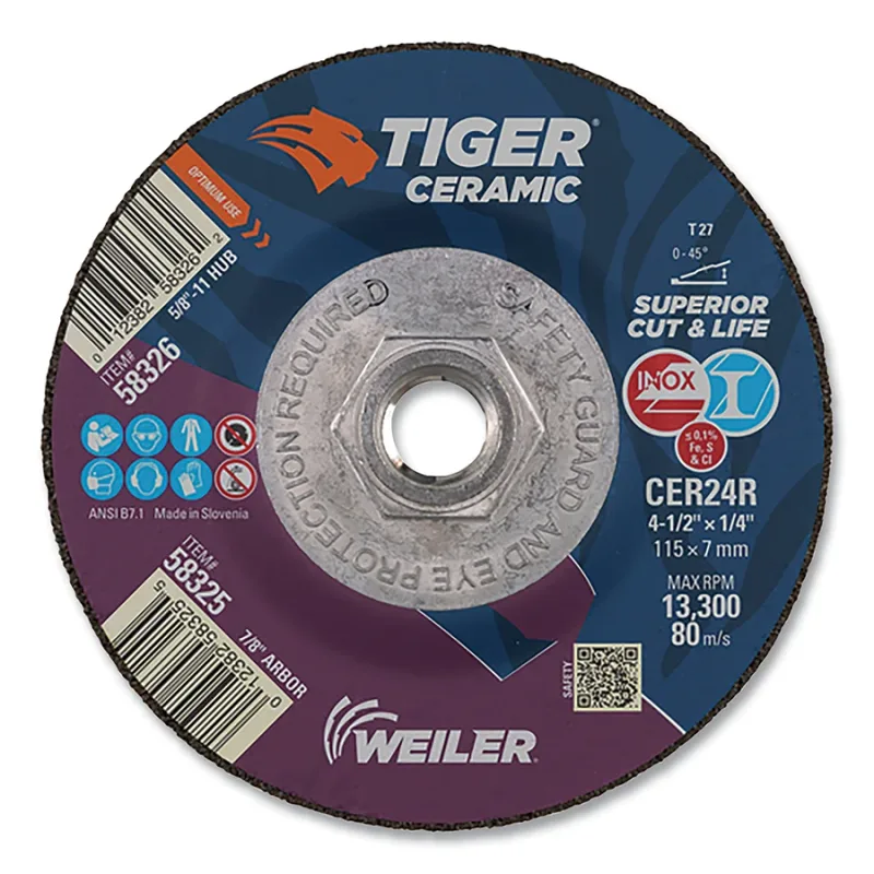 Tiger® Grinding Wheel, 4-1/2 in dia x 1/4 in Thick x 5/8 in-11 Arbor, 24 Grit, Ceramic Alumina, Type 27, 10 EA/BX