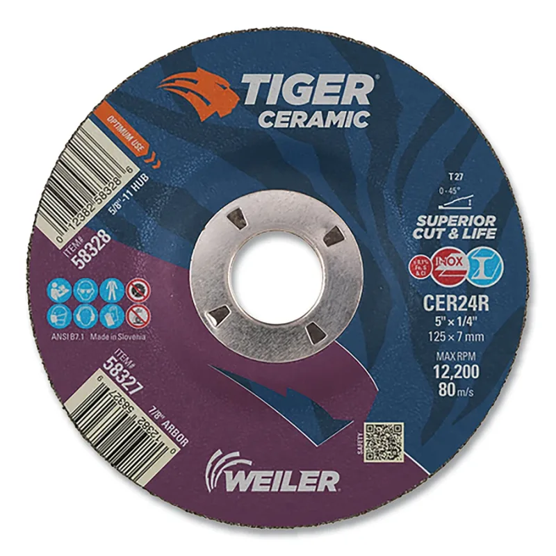 Tiger® Grinding Wheel, 5 in dia x 1/4 in Thick x 7/8 in Arbor, 24 Grit, Ceramic Alumina, Type 27, 10 EA/BX