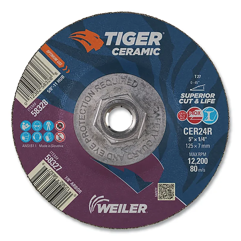 Tiger® Grinding Wheel, 5 in dia x 1/4 in Thick x 5/8 in-11 Arbor, 24 Grit, Ceramic Alumina, Type 27, 10 EA/BX