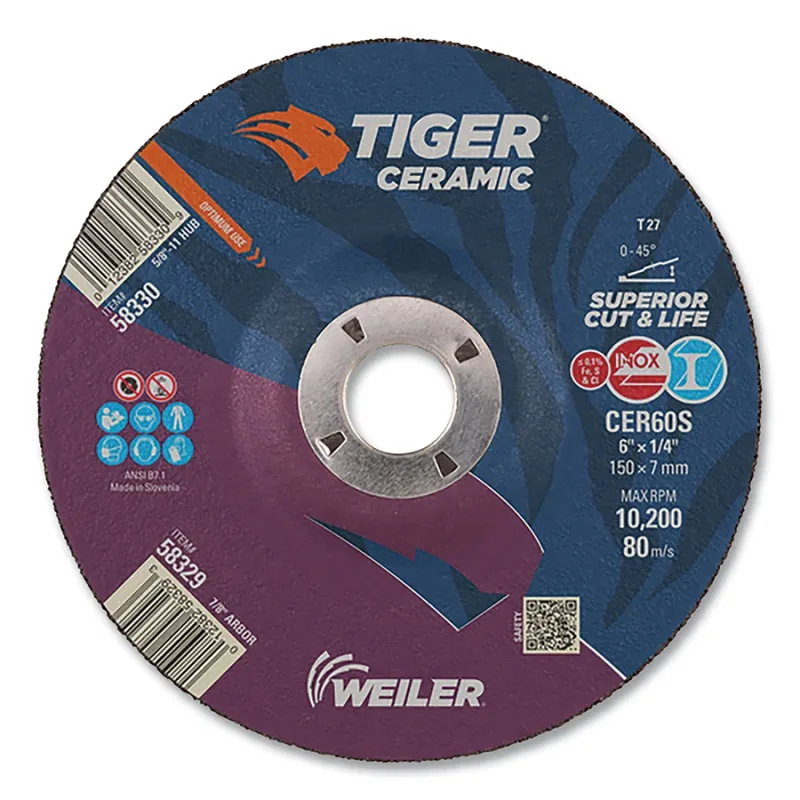 Tiger® Grinding Wheel, 6 in dia x 1/4 in Thick x 7/8 in Arbor, 24 Grit, Ceramic Alumina, Type 27, 10 EA/BX