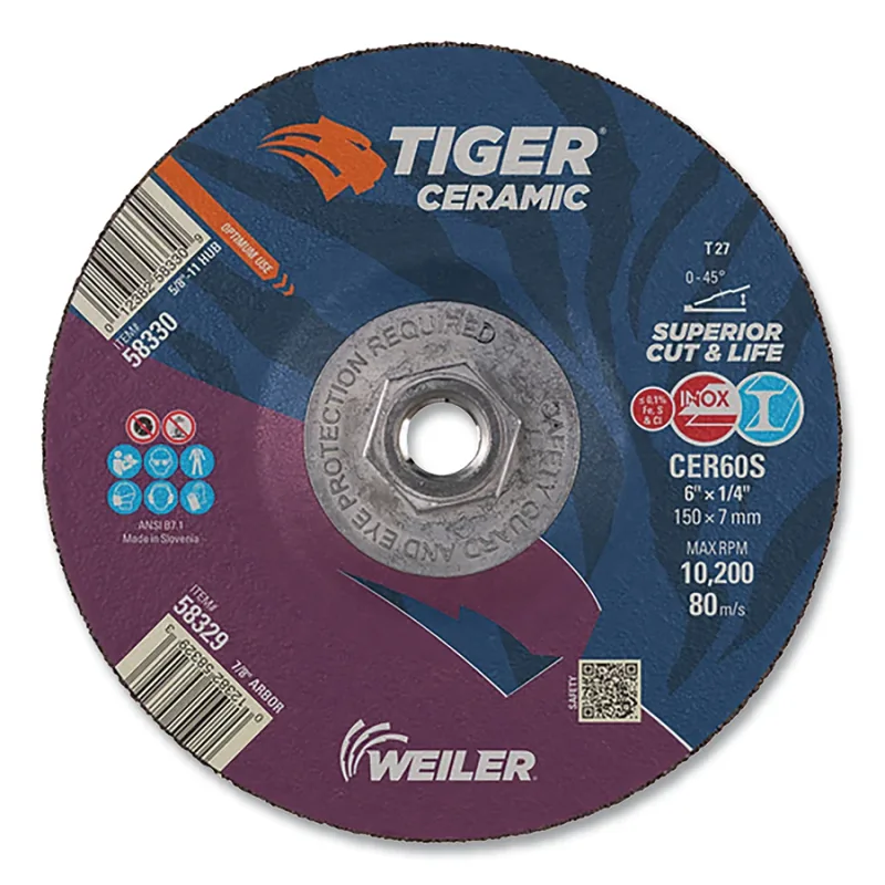 Tiger® Grinding Wheel, 6 in dia x 1/4 in Thick x 5/8 in-11 Arbor, 24 Grit, Ceramic Alumina, Type 27, 10 EA/BX