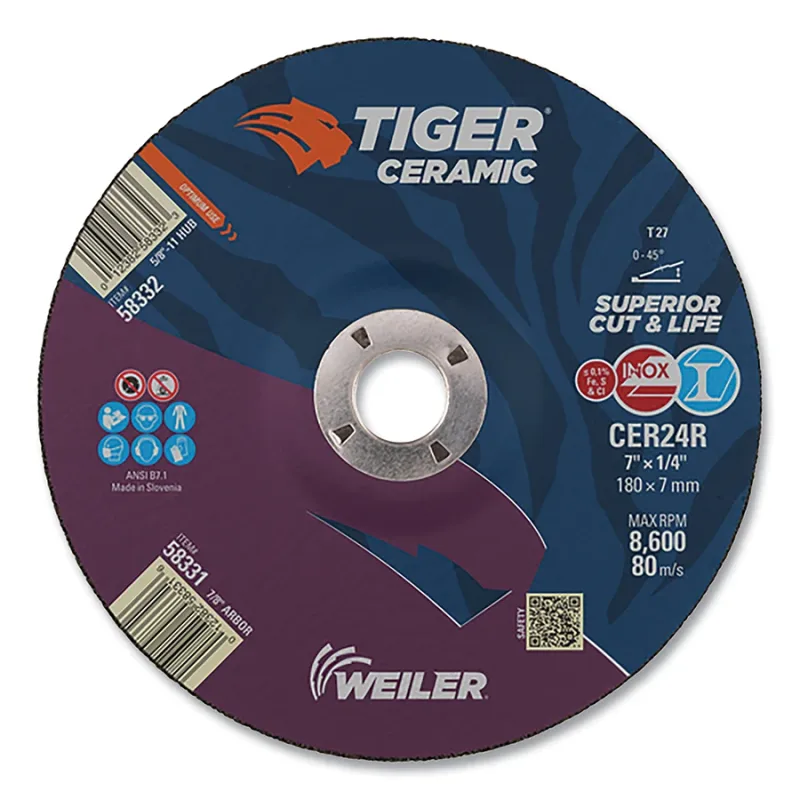 Tiger® Grinding Wheel, 7 in dia x 1/4 in Thick x 7/8 in Arbor, 24 Grit, Ceramic Alumina, Type 27, 10 EA/BX