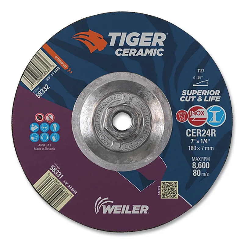 Tiger® Grinding Wheel, 7 in dia x 1/4 in Thick x 5/8 in-11 Arbor, 24 Grit, Ceramic Alumina, Type 27, 10 EA/BX