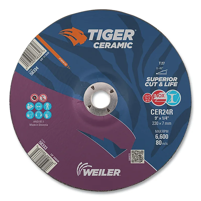 Tiger® Grinding Wheel, 9 in dia x 1/4 in Thick x 7/8 in Arbor, 24 Grit, Ceramic Alumina, Type 27, 10 EA/BX