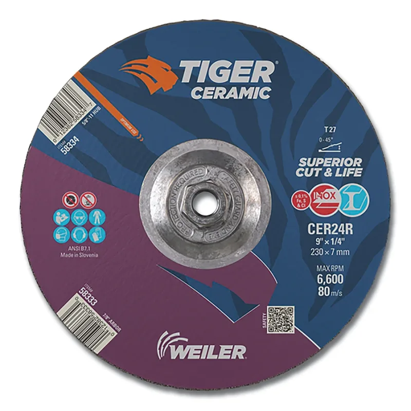 Tiger® Grinding Wheel, 9 in dia x 1/4 in Thick x 5/8 in-11 Arbor, 24 Grit, Ceramic Alumina, Type 27, 10 EA/BX