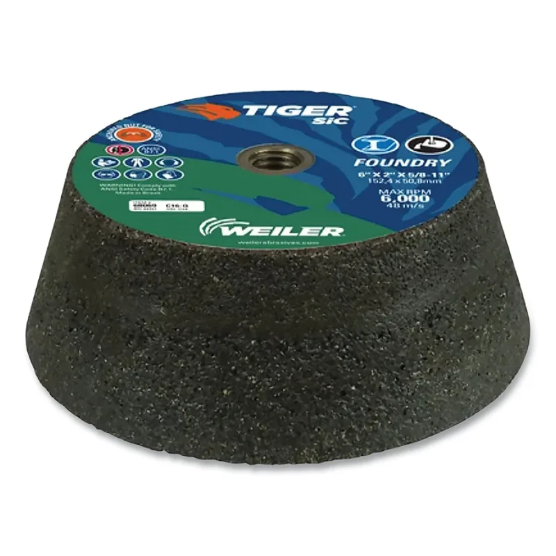 Weiler® Tiger® Flaring Cup Wheel, 6 in/4-3/4 in dia x 2 in T x 5/8 in-11 Arbor, 1-1/2 in Rim, 16 Grit, SiC, Type 11, 5 EA/BX