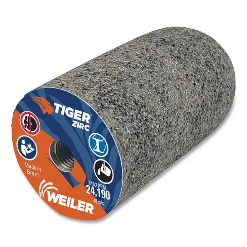 Tiger® Grinding Plug, 1-1/2 in dia x 3 in Thick x 3/8 in-24 Arbor, 20 Grit, Zirconia Alumina, Type 18R, 12 EA/BX