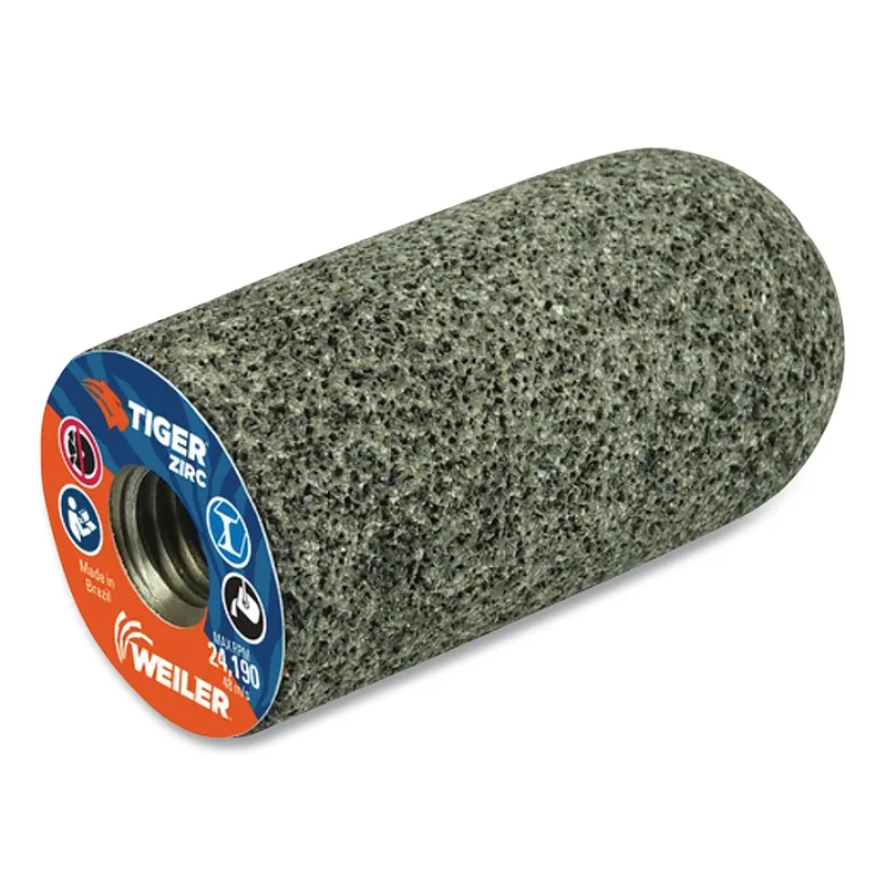Tiger® Grinding Plug, 1-1/2 in dia x 3 in Thick x 5/8 in-11 Arbor, 20 Grit, Zirconia Alumina, Type 18R, 12 EA/BX