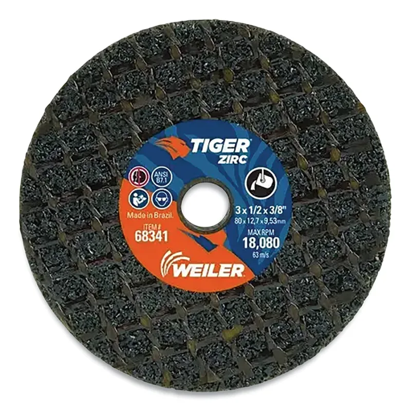 Tiger® Snagging Wheel, 3 in dia x 1/2 in Thick x 3/8 in Arbor, 14 Grit, Zirconia Alumina, Type 1, 10 EA/BX