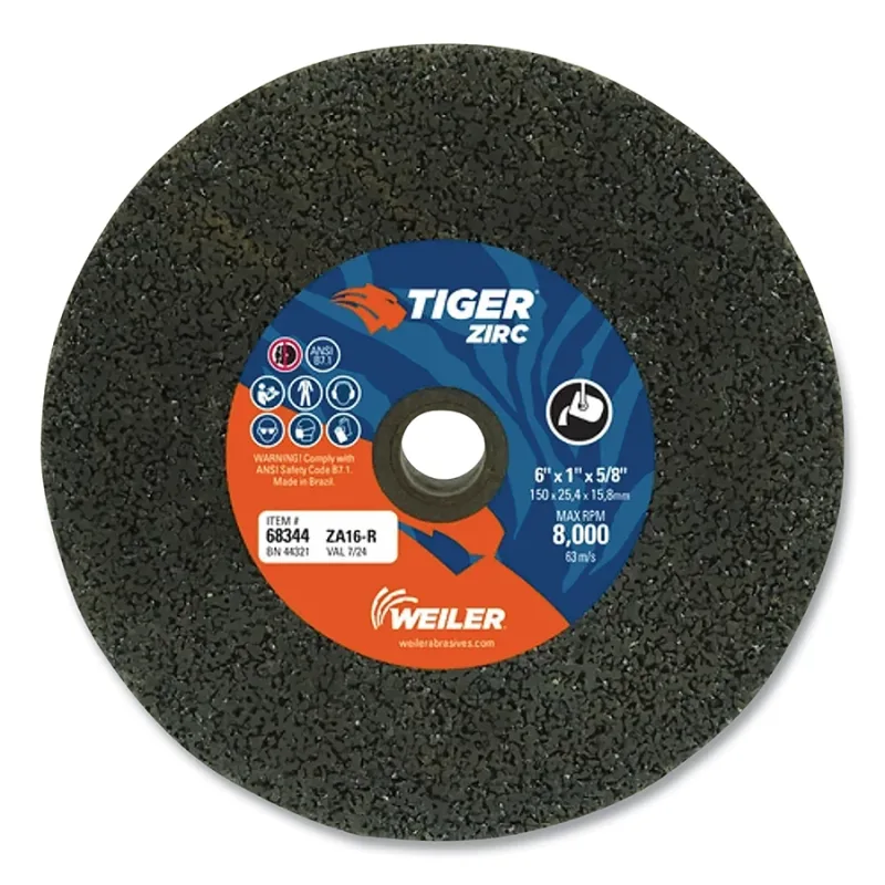 Tiger® Snagging Wheel, 6 in dia x 1 in Thick x 5/8 in Arbor, 16 Grit, Zirconia Alumina, Type 1, 5 EA/BX
