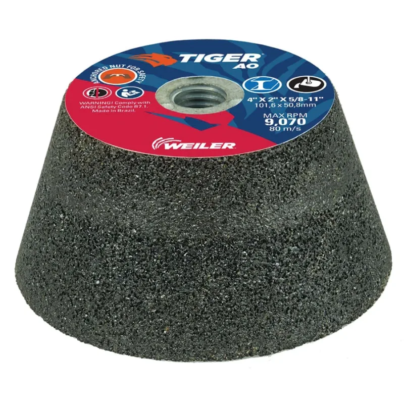 Weiler® Tiger® Flaring Cup Wheel, 4 in/3 in dia x 2 in T x 5/8 in-11 Arbor, 3/4 in Rim, 16 Grit, AO, Type 11, 5 EA/BX