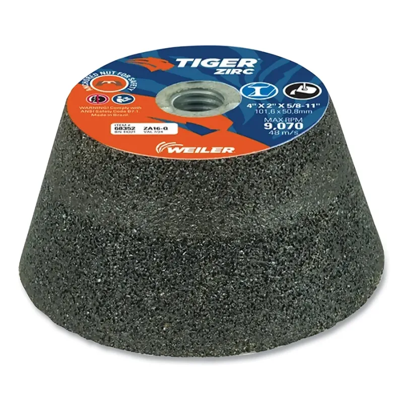 Tiger® Flaring Cup Wheel, 4 in/3 in dia x 2 in Thick x 5/8 in-11 Arbor, 3/4 in Rim, 16 Grit, ZTA, Type 11, 5 EA/BX