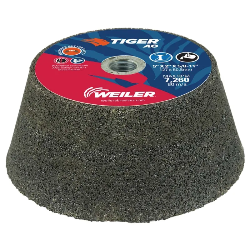 Weiler® Tiger® Flaring Cup Wheel, 5 in/3-3/4 in dia x 2 in T x 5/8 in-11 Arbor, 1 in Rim, 16 Grit, AO, Type 11, 5 EA/BX