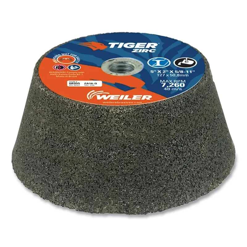 Tiger® Flaring Cup Wheel, 5 in/3-3/4 in dia x 2 in Thick x 5/8 in-11 Arbor, 1 in Rim, 16 Grit, ZTA, Type 11, 5 EA/BX