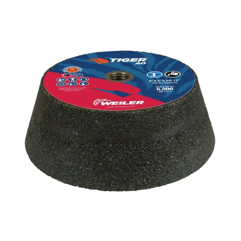 Weiler® Tiger® Flaring Cup Wheel, 6 in/4-3/4 in dia x 2 in T x 5/8 in-11 Arbor, 1 in Rim, 16 Grit, AO, Type 11, 5 EA/BX