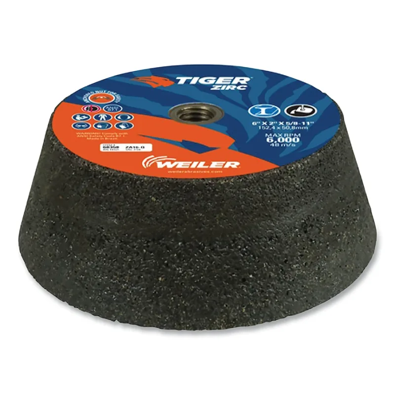 Tiger® Flaring Cup Wheel, 6 in/4-3/4 in dia x 2 in Thick x 5/8 in-11 Arbor, 1 in Rim, 16 Grit, ZTA, Type 11, 5 EA/BX