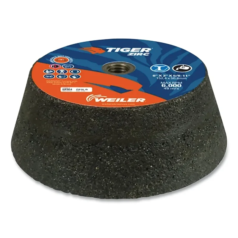 Tiger® Flaring Cup Wheel, 6 in/4-3/4 in dia x 2 in Thick x 5/8 in-11 Arbor, 1-1/2 in Rim, 16 Grit, ZTA, Type 11, 5 EA/BX
