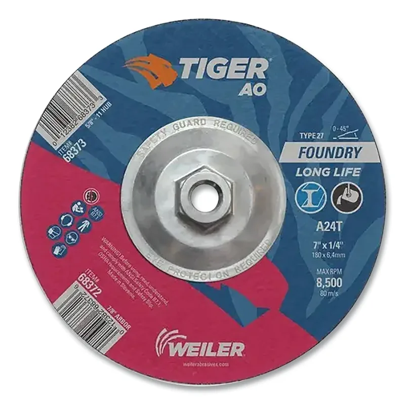 Tiger® Grinding Wheel, 7 in dia x 1/4 in Thick x 7/8 in Arbor, 24 Grit, Aluminum Oxide, Type 27, 10 EA/BX