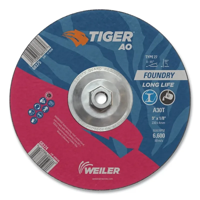 Tiger® Grinding Wheel, Combo, 9 in dia x 1/8 in Thick x 5/8 in-11 Arbor, 30 Grit, Aluminum Oxide, Type 27, 10 EA/BX