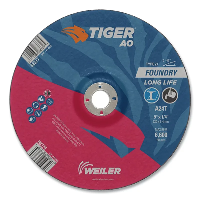 Tiger® Grinding Wheel, 9 in dia x 1/4 in Thick x 7/8 in Arbor, 24 Grit, Aluminum Oxide, Type 27, 10 EA/BX