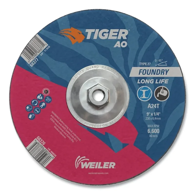 Tiger® Grinding Wheel, 9 in dia x 1/4 in Thick x 5/8 in-11 Arbor, 24 Grit, Aluminum Oxide, Type 27, 10 EA/BX