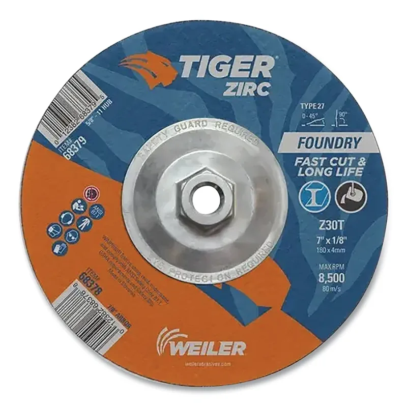 Tiger® Grinding Wheel, Combo, 7 in dia x 1/8 in Thick x 5/8 in-11 Arbor, 30 Grit, Zirconia Alumina, Type 27, 10 EA/BX
