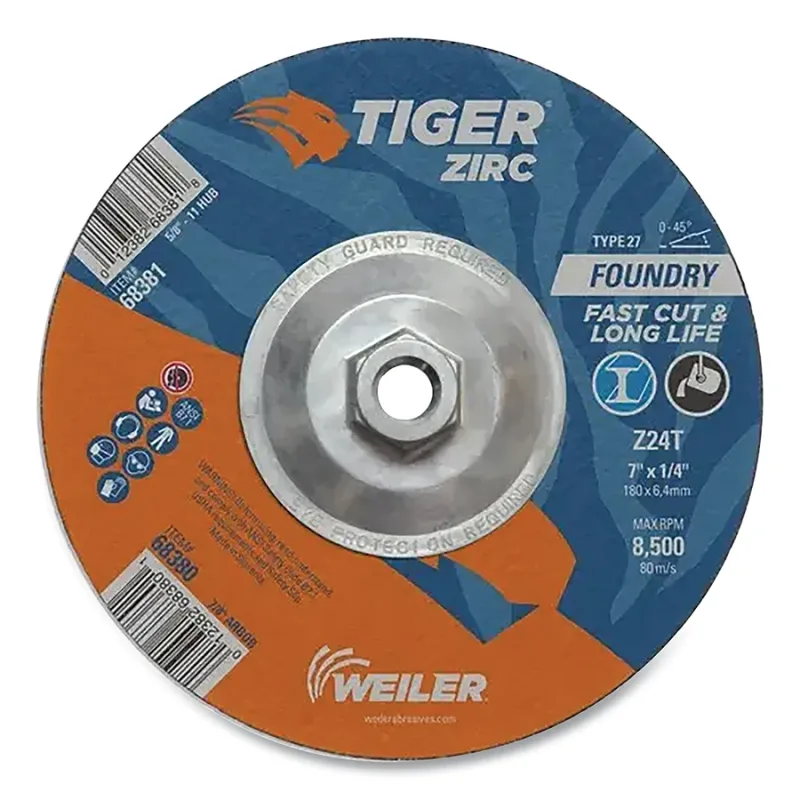 Tiger® Grinding Wheel, 7 in dia x 1/4 in Thick x 5/8 in-11 Arbor, 24 Grit, Zirconia Alumina, Type 27, 10 EA/BX
