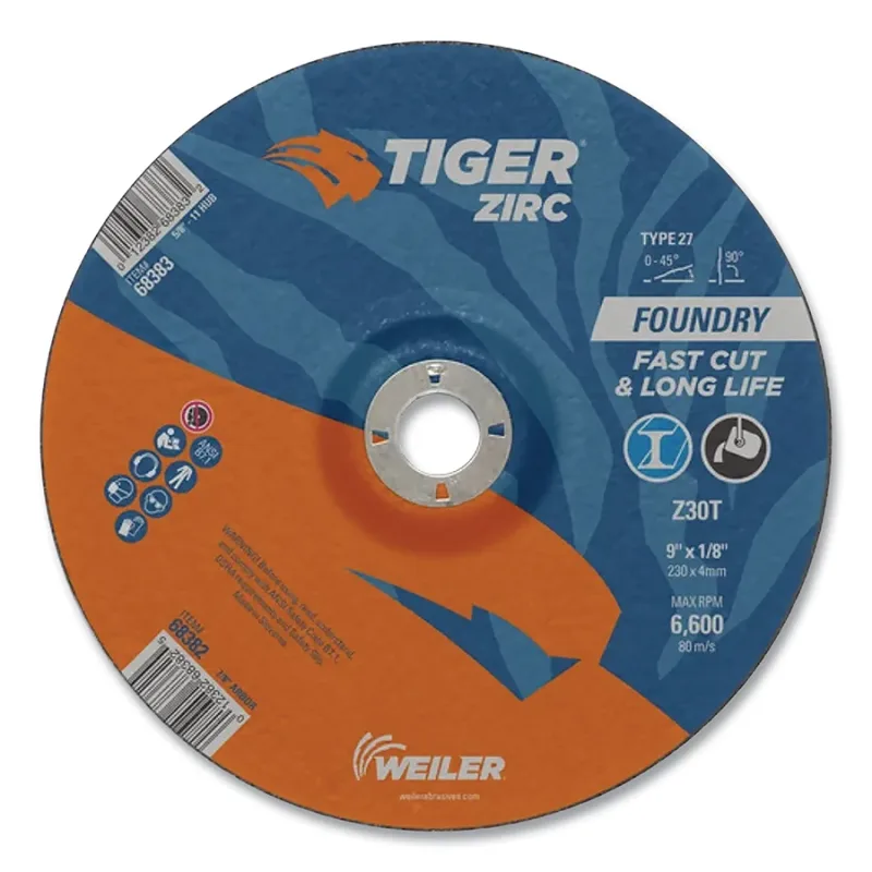 Tiger® Grinding Wheel, Combo, 9 in dia x 1/8 in Thick x 7/8 in Arbor, 30 Grit, Zirconia Alumina, Type 27, 25 EA/BX