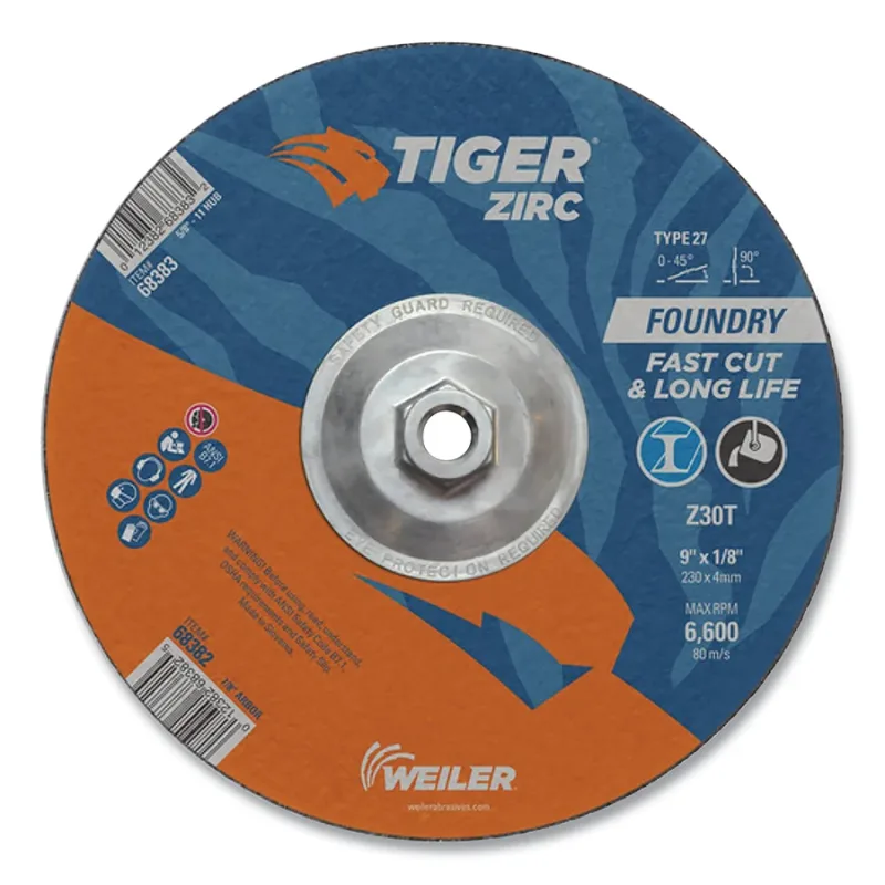 Tiger® Grinding Wheel, Combo, 9 in dia x 1/8 in Thick x 5/8 in-11 Arbor, 30 Grit, Zirconia Alumina, Type 27, 10 EA/BX