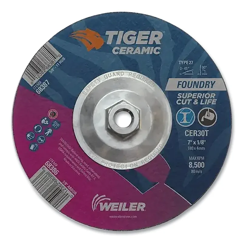 Tiger® Grinding Wheel, Combo, 7 in dia x 1/8 in Thick x 5/8 in-11 Arbor, 30 Grit, Ceramic Alumina, Type 27, 10 EA/BX