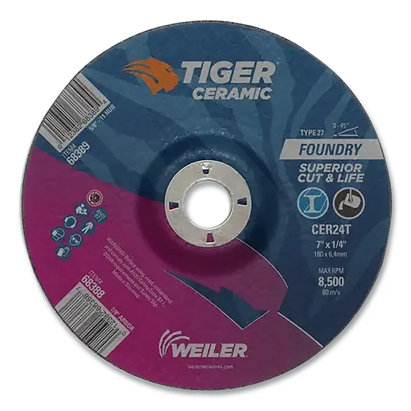 Tiger® Grinding Wheel, 7 in dia x 1/4 in Thick x 7/8 in Arbor, 24 Grit, Ceramic Alumina, Type 27, 10 EA/BX