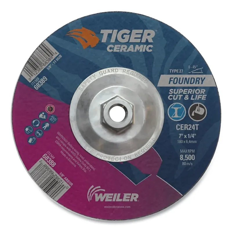 Tiger® Grinding Wheel, 7 in dia x 1/4 in Thick x 5/8 in-11 Arbor, 24 Grit, Ceramic Alumina, Type 27, 10 EA/BX
