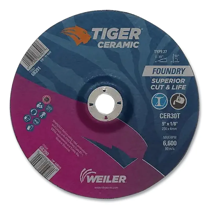 Tiger® Grinding Wheel, Combo, 9 in dia x 1/8 in Thick x 7/8 in Arbor, 30 Grit, Ceramic Alumina, Type 27, 25 EA/BX