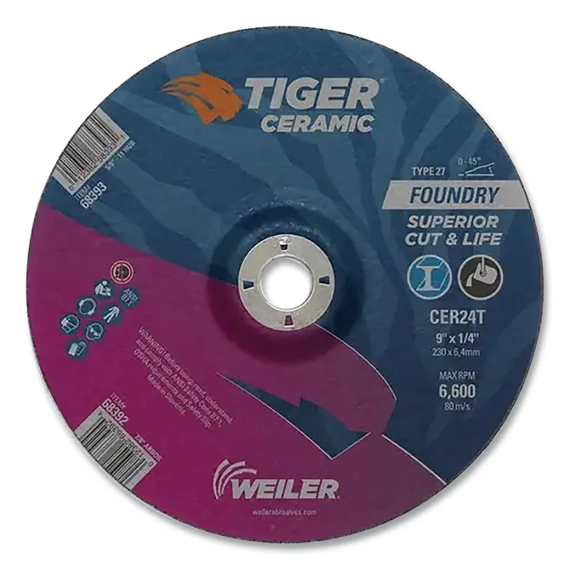 Tiger® Grinding Wheel, 9 in dia x 1/4 in Thick x 7/8 in Arbor, 30 Grit, Ceramic Alumina, Type 27, 10 EA/BX