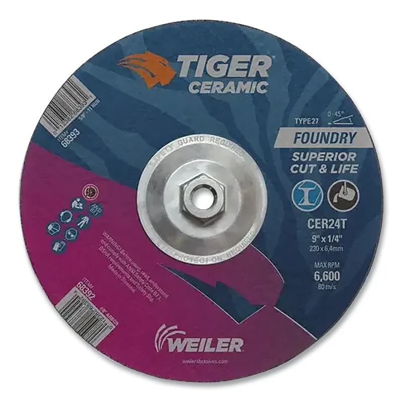 Tiger® Grinding Wheel, 9 in dia x 1/4 in Thick x 5/8 in-11 Arbor, 30 Grit, Ceramic Alumina, Type 27, 10 EA/BX