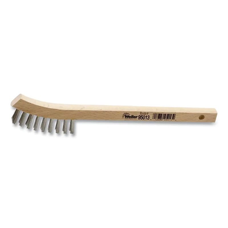 Small Hand Scratch Brush, 8-3/4 in L, 2 x 9 Rows, Stainless Steel Wire, Curved Wood Handle