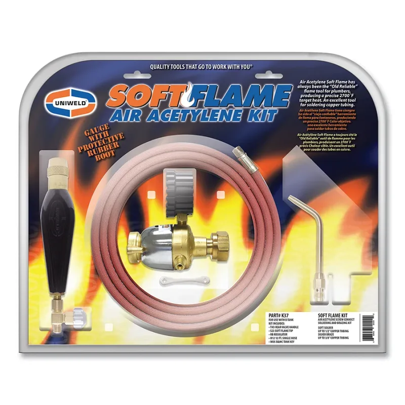 Soft Flame Soldering Kit, rear valve Handle, S23 Soft Solder Tip, Regulator with Booted Gauge, 12.5 ft hose, Air/Actetylene